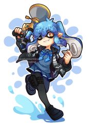 Rule 34 | 1girl, antenna hair, black footwear, black jacket, black pantyhose, blue hair, blue sailor collar, blue shirt, blue skirt, commentary, commission, english commentary, flats, full body, grin, hand up, highres, ink, inkling, inkling girl, inkling player character, jacket, nintendo, pantyhose, pointy ears, sailor collar, sandragh, school uniform, serafuku, shirt, sidelocks, skirt, smile, solo, splatoon (series), splatoon 1, tentacle hair, thigh strap, tumblr username, twintails, twitter username, walking, water, watermark, weapon, weapon request, web address, yellow eyes