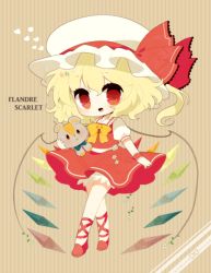 Rule 34 | 1girl, bad id, bad pixiv id, blonde hair, blush, bow, character name, crystal, female focus, flandre scarlet, haru (kyou), hat, hat ribbon, heart, open mouth, puffy sleeves, red eyes, ribbon, short sleeves, side ponytail, solo, stuffed animal, stuffed toy, teddy bear, touhou, wings, wrist cuffs