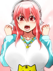 Rule 34 | &gt;:o, 1girl, :o, blush, breasts, headphones, isna (footprintsofisna), large breasts, long hair, looking at viewer, nitroplus, open mouth, pink eyes, pink hair, smile, solo, super sonico, v-shaped eyebrows