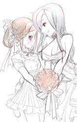 Rule 34 | 2girls, alternate hairstyle, black sclera, blue hair, bouquet, braid, breasts, bride, brown hair, carol (skullgirls), cleavage, colored sclera, dress, flower, french braid, hair down, hair flower, hair ornament, hair over one eye, hair rings, holding hands, height difference, large breasts, long hair, multiple girls, ng (kimjae737), painwheel (skullgirls), red eyes, scar, skullgirls, small breasts, spaghetti strap, spot color, v arms, valentine (skullgirls), wedding dress, wife and wife, yuri