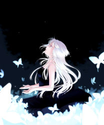 Rule 34 | 1girl, black dress, bug, butterfly, dress, expressionless, floating hair, bug, kannuki hisui, long hair, looking up, original, parted lips, profile, solo, white hair