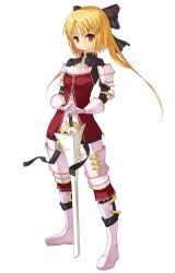 Rule 34 | amaa (chou dennou jidai), armor, blonde hair, bow, hair bow, highres, original, red eyes, solo, sword, weapon