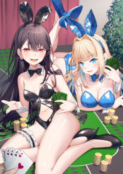 Rule 34 | 2girls, animal ears, black bow, black bowtie, black hair, blonde hair, blue bow, blue bowtie, blue eyes, bow, bowtie, breasts, card, clothing cutout, high heels, legs, leotard, long hair, lying, medium breasts, multiple girls, navel, navel cutout, on stomach, original, playboy bunny, poker chip, poker table, rabbit ears, red eyes, small breasts, table, thigh strap, thighs, tokuno yuika