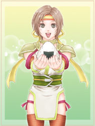 Rule 34 | 1girl, :d, baozi, blue eyes, blush, brown hair, brown thighhighs, cowboy shot, food, green background, incoming food, japanese clothes, kimono, looking at viewer, nene, nene (sengoku musou), open mouth, outside border, pov, sengoku musou, sengoku musou 2, short kimono, simple background, smile, solo, standing, thigh strap, thighhighs