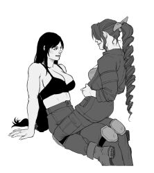 Rule 34 | 2girls, aerith gainsborough, arm support, blush, boots, bra, braid, braided ponytail, breasts, cleavage, final fantasy, final fantasy vii, final fantasy vii rebirth, final fantasy vii remake, greyscale, high-waist pants, highres, kaciart, knee pads, large breasts, long hair, looking at another, low-tied long hair, monochrome, multiple girls, official alternate costume, pants, shinra infantry uniform, sitting, sitting on lap, sitting on person, smile, straddling, tifa lockhart, underwear, undressing, upright straddle, yuri