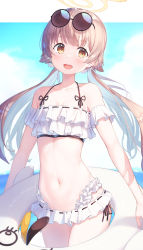 Rule 34 | 1girl, :d, absurdres, bare shoulders, bikini, blue archive, blue sky, blurry, brown eyes, brown hair, cloud, cloudy sky, collarbone, commentary request, depth of field, eyewear on head, feather hair, frilled bikini, frills, halo, hifumi (blue archive), hifumi (swimsuit) (blue archive), highres, holding, horizon, innertube, long hair, looking at viewer, low twintails, midriff, navel, ocean, open mouth, sidelocks, sky, smile, solo, spaghetti strap, sunglasses, swim ring, swimsuit, takechii, twintails, white bikini