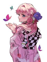 Rule 34 | 1girl, blonde hair, blue eyes, bug, butterfly, flower, from behind, green butterfly, hair behind ear, hair flower, hair intakes, hair ornament, highres, insect, japanese clothes, kimono, long hair, looking at viewer, looking back, macross, macross frontier, obi, open hands, pink flower, pink kimono, purple butterfly, purple flower, red flower, sash, sechi (stst1850), sheryl nome, solo, white background, white flower
