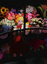 Rule 34 | 1girl, :/, absurdres, black shirt, blonde hair, blue eyes, blue flower, bow, bowtie, closed mouth, commentary, flower, flower request, frilled shirt collar, frills, hair bow, hands up, highres, looking at viewer, looking through window, medicine melancholy, orange flower, pink flower, red bow, red bowtie, red flower, red skirt, rose, s u d, shirt, short hair, short sleeves, skirt, solo, sunflower, touhou, white flower, window, yellow flower
