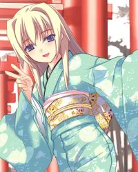 Rule 34 | 1girl, blonde hair, blue eyes, hatsumoude, japanese clothes, kimono, leaf (studio), lisa vixen, long sleeves, new year, routes, solo, torii, v
