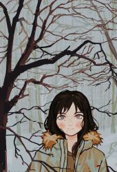 Rule 34 | 1girl, black hair, blue eyes, forest, grey eyes, highres, io (onisarashi), jacket, long hair, looking at viewer, mole, mole on cheek, mole under eye, nature, nose, original, outdoors, snow, solo, symbol-shaped pupils, tareme, tree, upper body, winter, winter clothes