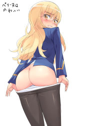 Rule 34 | 10s, 1girl, ass, black pantyhose, blonde hair, blush, butt crack, clenched teeth, clothes pull, embarrassed, female focus, glasses, highres, long hair, looking at viewer, looking back, michairu, military, military uniform, open mouth, panties, panties under pantyhose, panty pull, pantyhose, pantyhose pull, perrine h. clostermann, shiny clothes, shiny skin, simple background, solo, standing, strike witches, sweat, sweatdrop, teeth, underwear, undressing, uniform, white background, white panties, world witches series, yellow eyes