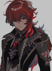 Rule 34 | 1boy, antenna hair, black jacket, black neckwear, closed mouth, diluc (genshin impact), genshin impact, grey background, hair between eyes, highres, jacket, long hair, long sleeves, looking at viewer, male focus, plus q, ponytail, red eyes, red hair, simple background, solo