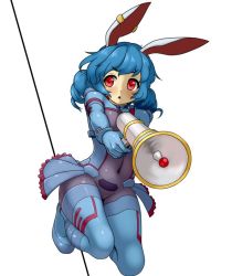Rule 34 | 1girl, adapted costume, animal ears, blue bodysuit, blue hair, bodysuit, commentary request, d.koutya, earclip, frills, gun, holding, holding gun, holding weapon, kneeling, looking at viewer, lunatic gun, navel, open mouth, rabbit ears, red eyes, seiran (touhou), solo, tareme, touhou, triangle mouth, twintails, weapon, white background