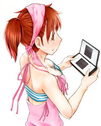 Rule 34 | 1girl, back, bandana, bandeau, breasts, brown eyes, brown hair, camisole, cleavage, devil survivor, downblouse, from behind, handheld game console, jewelry, looking back, necklace, nintendo ds, pendant, playing games, ponytail, product placement, profile, ribbon, sato iori, short hair, simple background, solo, star (symbol), strapless, striped, tanigawa yuzu, tube top