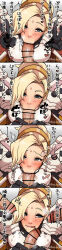 Rule 34 | 1girl, 3boys, 4koma, :&gt;=, absurdres, armor, artist name, bar censor, beecon (bee niji), black bodysuit, black eyeshadow, blizzard (company), blonde hair, blue eyes, blush, bodysuit, breasts, breath, censored, closed mouth, comic, cum, cum drool, cum in mouth, double v, ejaculation, eyebrows, eyelashes, eyeshadow, fellatio, grey background, hands up, heavy breathing, hetero, highres, japanese text, large breasts, licking lips, long hair, long image, looking at penis, looking at viewer, looking down, looking to the side, looking up, makeup, mercy (overwatch), motion blur, multiple boys, naughty face, nose, oral, overwatch, penis, penis grab, ponytail, pov, pov crotch, sequential, shirt, shoulder armor, simple background, surrounded by penises, third-party edit, tongue, tongue out, translation request, upper body, v, veins, veiny penis, white shirt, wings