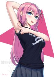 Rule 34 | 1girl, absurdres, arm up, armpit focus, armpits, black shirt, blue eyes, blue skirt, blush, bocchi the rock!, breasts, commentary, cowboy shot, gotoh hitori, hair between eyes, hair ornament, highres, kan (k rab), large breasts, long hair, looking at viewer, nail polish, open mouth, pink hair, pink nails, pleated skirt, presenting, presenting armpit, shadow, shirt, sidelocks, skirt, smell, solo, spread armpit, standing, steaming body, t-shirt, twitter username, very long hair, white background