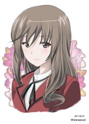 Rule 34 | 1girl, black ribbon, brown eyes, brown hair, closed mouth, commentary, cropped torso, dated, dress shirt, eyes visible through hair, girls und panzer, high collar, highres, jacket, long hair, looking at viewer, mature female, neck ribbon, one-hour drawing challenge, portrait, red jacket, ribbon, shiina excel, shimada chiyo, shirt, smile, solo, twitter username, white background, white shirt