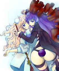 Rule 34 | :q, ass, bad id, bad pixiv id, blonde hair, blue eyes, rabbit tail, coat, dual persona, high heels, long hair, lying, lying on person, macross, macross frontier, macross frontier: itsuwari no utahime, on back, on person, purple hair, sheryl nome, shoes, smile, tail, tongue, tongue out, yomoya