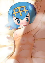 Rule 34 | 1girl, aqua eyes, armpits, arms up, blue hair, blush, bright pupils, commentary request, creatures (company), embarrassed, flat chest, game freak, hair between eyes, hairband, heppushu, lana (pokemon), looking at viewer, lying, navel, nintendo, nipples, no nose, nose blush, nude, on back, open mouth, peeking, pokemon, pokemon sm, short hair, solo, sweat, trial captain, wavy mouth, wet, white pupils