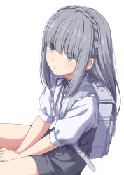 Rule 34 | 1girl, absurdres, backpack, bag, between legs, black shorts, braid, closed mouth, commentary request, copyright request, crown braid, grey eyes, grey hair, hand between legs, highres, long hair, looking at viewer, looking to the side, puffy short sleeves, puffy sleeves, randoseru, sekina, shirt, short shorts, short sleeves, shorts, simple background, sitting, solo, white background, white bag, white shirt