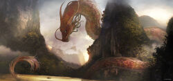 Rule 34 | animal focus, bad artstation id, bad id, boat, claws, cloud, day, dragon, eastern dragon, fantasy, from side, giant, giant monster, green eyes, highres, mountain, original, outdoors, painterly, renart, river, scenery, sharp teeth, signature, sky, tail, teeth, tree, water, watercraft