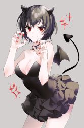 Rule 34 | 1girl, bad id, bad pixiv id, bare arms, bare shoulders, black choker, black dress, black hair, breasts, choker, claw pose, cleavage, collarbone, commentary request, cowboy shot, demon horns, demon tail, demon wings, dress, grey background, hands up, highres, horns, leaning forward, looking at viewer, medium breasts, nail polish, original, red eyes, red nails, short hair, smile, solo, strapless, strapless dress, tail, wings, yuhi (hssh 6)