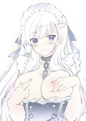 Rule 34 | 1girl, azur lane, blush, braid, breasts, breasts out, chain, chain necklace, collar, covering nipples, covering privates, eye visible through hair, french braid, hair ribbon, hair ribbons, hands on own breasts, headdress, jewelry, long hair, looking at viewer, maid, maid headdress, necklace, pastel colors, ribbon, simple background, smile, solo, tagme, uncensored, very long hair, white background, white hair