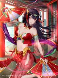 Rule 34 | 1girl, architecture, armlet, bare shoulders, black hair, blunt bangs, breasts, cleavage, copyright name, copyright request, day, detached collar, dual wielding, east asian architecture, hair ornament, hand fan, holding, inanome me, looking at viewer, medium breasts, navel, official art, pink eyes, purple scarf, red footwear, red skirt, scarf, see-through, see-through sleeves, silk, skirt, sparkle, standing, tassel