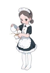 Rule 34 | 1girl, absurdres, apron, black dress, blush, child, collared dress, commentary, cup, dress, english commentary, frilled apron, frilled dress, frills, full body, grey eyes, grey hair, highres, holding, holding cup, maid, maid apron, maid headdress, no shoes, opossumachine, original, overflowing, pantyhose, parted bangs, pouring, short sleeves, short twintails, simple background, solo, spilling, stained clothes, toes, twintails, white apron, white pantyhose