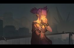 Rule 34 | 1girl, arknights, black shirt, building, city, commentary request, fixro2n, hands up, highres, horns, lava (arknights), letterboxed, navel, outdoors, own hands together, pointy ears, purple hair, purple skirt, shirt, short hair, short sleeves, sidelocks, skirt, solo, twintails