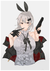 Rule 34 | 1girl, animal ears, artist name, bare shoulders, black bow, black bowtie, black gloves, bow, bowtie, breasts, brown eyes, closed mouth, finger to mouth, five-seven (girls&#039; frontline), fn five-seven, girls&#039; frontline, gloves, grey background, gun, hair ornament, hairclip, handgun, highres, holding, holding gun, holding weapon, jacket, large breasts, long hair, looking at viewer, pdw-caliber pistol, rabbit ears, rabbit hair ornament, shirt, silver hair, single glove, solo, sutekina awa, unworn gloves, weapon, white shirt