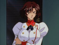 Rule 34 | 3girls, agent aika, aida rion, aika (series), animated, animated gif, ascot, black ascot, bouncing breasts, breasts, brown eyes, brown hair, delmo, gainax, gainax bounce, holding, indoors, jacket, juliet sleeves, large breasts, lipstick, long sleeves, makeup, maypia alexymetalia, medium breasts, miniskirt, mole, mole under eye, multiple girls, nervous, nervous smile, open mouth, puffy sleeves, retro artstyle, serious, shiny skin, skirt, smile, standing, walking, white delmo, white delmo n, wide hips