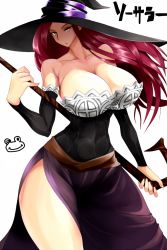 Rule 34 | 1girl, :o, bare shoulders, breasts, brown eyes, cleavage, curvy, detached sleeves, dragon&#039;s crown, dress, hat, huge breasts, large breasts, long hair, looking at viewer, red hair, solo, sorceress (dragon&#039;s crown), staff, strapless, strapless dress, thighs, weapon, white background, witch hat, zasshu nigou