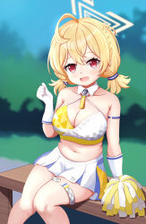 Rule 34 | 1girl, absurdres, ahoge, blonde hair, blue archive, breasts, cleavage, collar, detached collar, gloves, halo, highres, holding, holding pom poms, kotori (blue archive), kotori (cheer squad) (blue archive), large breasts, looking at viewer, medium hair, millennium cheerleader outfit (blue archive), official alternate costume, open mouth, pom pom (cheerleading), pom poms, red eyes, short twintails, skirt, solo, thigh strap, twintails, uro30, white collar, white gloves, white skirt, yellow halo