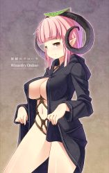 Rule 34 | 1girl, bdsm, blueberry (5959), bondage, bound, breasts, brown eyes, character request, cleavage, elf, highres, horns, large breasts, naked robe, navel, open clothes, pink hair, pointy ears, robe, rope, shibari, shibari under clothes, short hair, simple background, solo, thighs, wizardry online