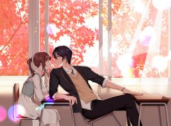 Rule 34 | 1boy, 1girl, bad id, bad twitter id, black jacket, black pants, brown hair, chair, classroom, closed eyes, closed mouth, collared shirt, dress, green eyes, highres, indoors, jacket, leaf, lity one, long hair, long sleeves, looking at another, maple leaf, marius von hagen (tears of themis), pants, purple hair, rosa (tears of themis), shirt, short hair, sitting, sweater, table, tears of themis, tree, white dress, white shirt, window, yellow sweater