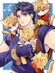 Rule 34 | 5boys, animal ears, blonde hair, blue eyes, blue hair, blue shirt, blush, cape, cat boy, cat ears, cat tail, chibi, closed mouth, commentary request, dio brando, ear birthmark, fangs, feathers, fingerless gloves, gloves, grm jogio, headband, holding, jacket, jojo no kimyou na bouken, jonathan joestar, male focus, multiple boys, multiple persona, muscular, muscular male, open mouth, pants, phantom blood, purple scarf, scarf, shirt, short hair, sitting, smile, stardust crusaders, suspenders, tail, vampire, yellow jacket, yellow pants