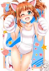 Rule 34 | 1girl, animal ears, animal hands, aqua eyes, bad id, bad pixiv id, blush, brown hair, camcorder, cat ears, cat tail, collarbone, commentary request, fang, gloves, idolmaster, idolmaster (classic), inu (marukome), kemonomimi mode, looking at viewer, one-piece swimsuit, one eye closed, open mouth, paw gloves, school swimsuit, smile, solo, star (symbol), swimsuit, tail, takatsuki yayoi, twintails, video camera, white one-piece swimsuit, white school swimsuit