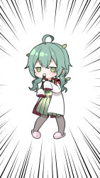 Rule 34 | 1girl, ahoge, backpack, bag, chibi, commentary request, emphasis lines, flute, green eyes, green hair, green shirt, green skirt, grey pantyhose, hair between eyes, highres, holding, holding flute, holding instrument, instrument, jitome, lab coat, leaf, leaf on head, long hair, long sleeves, looking at viewer, midorikawa you, open clothes, original, pantyhose, pink footwear, pleated skirt, randoseru, recorder, shirt, simple background, skirt, sleeves past fingers, sleeves past wrists, slippers, solo, standing, white background