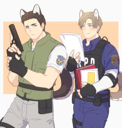 Rule 34 | animal ears, black hair, blue eyes, blue pants, blue shirt, blush, book, brown hair, bulletproof vest, chris redfield, dbox 2525, dog boy, dog ears, dog tail, grey pants, gun, highres, holding, holding book, holding gun, holding weapon, leon s. kennedy, looking at another, pants, police, police uniform, policeman, resident evil, resident evil 1, resident evil 2, shirt, short hair, tail, uniform, weapon, white shirt