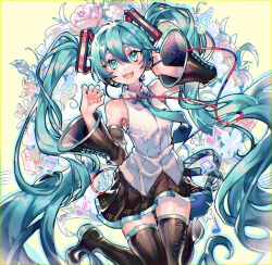 Rule 34 | 1girl, :d, adjusting headset, bare shoulders, beamed eighth notes, beamed sixteenth notes, black footwear, black skirt, black sleeves, blue eyes, blush, boots, cable, collared shirt, commentary, detached sleeves, eighth note, fangs, flower, hair ornament, hatsune miku, headset, lily of the valley, long hair, looking at viewer, musical note, open mouth, pink flower, pink rose, quarter note, rose, shirt, skirt, sleeveless, sleeveless shirt, smile, solo, teeth, thigh boots, treble clef, twintails, upper teeth only, very long hair, vocaloid, white flower, white shirt, wide sleeves, yizhi yishi