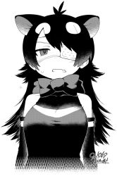 Rule 34 | 10s, 1girl, animal ears, artist name, australian devil (kemono friends), bare shoulders, black hair, bow, bowtie, commentary request, dated, detached sleeves, eyepatch, fang, greyscale, kemono friends, long hair, looking at viewer, medical eyepatch, monochrome, signature, simple background, solo, upper body, yoshida hideyuki