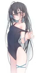 Rule 34 | 1girl, absurdres, ahoge, aqua eyes, aqua hair, aqua ribbon, bare legs, black one-piece swimsuit, blush, bracelet, clothes pull, colored inner hair, covered navel, grey hair, hair between eyes, hair ornament, hairclip, half-closed eyes, hand up, highres, jewelry, leg ribbon, light particles, long hair, looking at viewer, multicolored hair, one-piece swimsuit, one-piece swimsuit pull, original, parted lips, ribbon, sajin (user pvrm4582), school swimsuit, simple background, solo, standing, sweatdrop, swimsuit, two-tone hair, white background