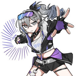 Rule 34 | 1girl, black gloves, black jacket, black shorts, closed mouth, cowboy shot, cropped jacket, emne, fingerless gloves, fur-trimmed jacket, fur trim, gloves, goggles, goggles on head, grey eyes, grey hair, high ponytail, highres, honkai: star rail, honkai (series), incoming attack, incoming punch, jacket, long hair, looking at viewer, midriff, punching, shorts, silver wolf (honkai: star rail), simple background, solo, thigh strap, white background
