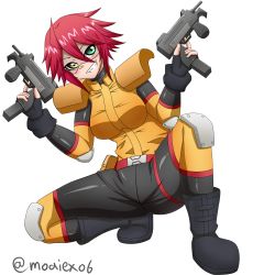 Rule 34 | 10s, 1girl, ahoge, boots, breasts, dual wielding, elbow pads, finger on trigger, fingerless gloves, full body, gloves, green eyes, grin, gun, heterochromia, highres, holding, knee pads, moai ex, monster girl, monster musume no iru nichijou, red hair, sharp teeth, short hair, shoulder pads, simple background, smile, solo, squatting, stitches, submachine gun, teeth, twitter username, uniform, weapon, white background, yellow eyes, zombie, zombina (monster musume)