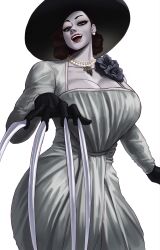 Rule 34 | 1girl, absurdres, alcina dimitrescu, black eyes, black flower, black gloves, black hair, black hat, black rose, breasts, claws, cleavage, dress, dress flower, earrings, flower, from below, gloves, hat, highres, jewelry, large breasts, large hat, looking at viewer, narrowed eyes, necklace, open mouth, pale skin, red lips, resident evil, resident evil village, rose, simple background, solo, sotcho, teeth, upper teeth only, white background, white dress