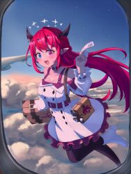 Rule 34 | 1girl, absurdres, alternate costume, bag, blue eyes, boots, breasts, briefcase, detached collar, dress, halo, handbag, heterochromia, highres, holding ticket, hololive, hololive english, horns, irys (hololive), large breasts, liuzhi, long hair, medium breasts, multicolored hair, pink eyes, pointy ears, purple hair, red eyes, red hair, shoes, sky, smile, solo, star (sky), starry sky, ticket, virtual youtuber, white footwear
