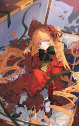 Rule 34 | 1girl, black footwear, blonde hair, blue eyes, bonnet, book, bow, bowtie, capelet, commentary request, dress, drill hair, drill sidelocks, expressionless, flower, frilled dress, frilled sleeves, frills, full body, green bow, green bowtie, highres, holding, holding book, lolita fashion, long dress, long hair, long sleeves, looking at viewer, matquing, open mouth, pantyhose, red capelet, red dress, red flower, red headwear, red rose, rose, rozen maiden, shinku, sidelocks, sleeves past wrists, solo, suitcase, very long hair, white pantyhose