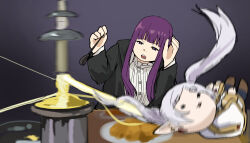 Rule 34 | 2girls, black robe, blurry, capelet, cheese, commentary request, dress, earrings, elf, fern (sousou no frieren), fondue, fondue au fromage, food, frieren, highres, holding, holding spoon, jewelry, long hair, long sleeves, meme, multiple girls, open mouth, plate, pointy ears, purple eyes, purple hair, robe, sousou no frieren, spoon, tasty hoon cheese fondue (meme), tenten (chan4545), twintails, white capelet, white dress, white hair