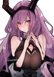 1girl absurdres adversarial_noise arknights bare_shoulders black_hairband black_horns blush breasts cleavage_cutout closed_mouth clothing_cutout commentary eyes_visible_through_hair hair_between_eyes hairband hands_up highres horns large_breasts long_hair looking_at_viewer own_hands_together purple_eyes purple_hair simple_background solo steepled_fingers twitter_username typhon_(arknights) upper_body white_background worimehl